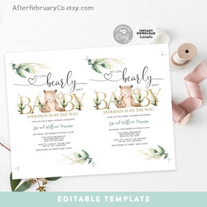 EDITABLE Greenery Gold We Can Bearly Wait Teddy Bear Baby Shower ...