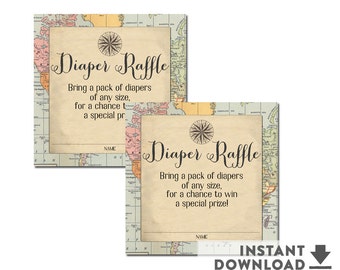 Adventure Travel Baby Shower Diaper Raffle Tickets 3x3" Vintage Compass Baby Shower Diaper Raffle Tickets // Printable No.1269