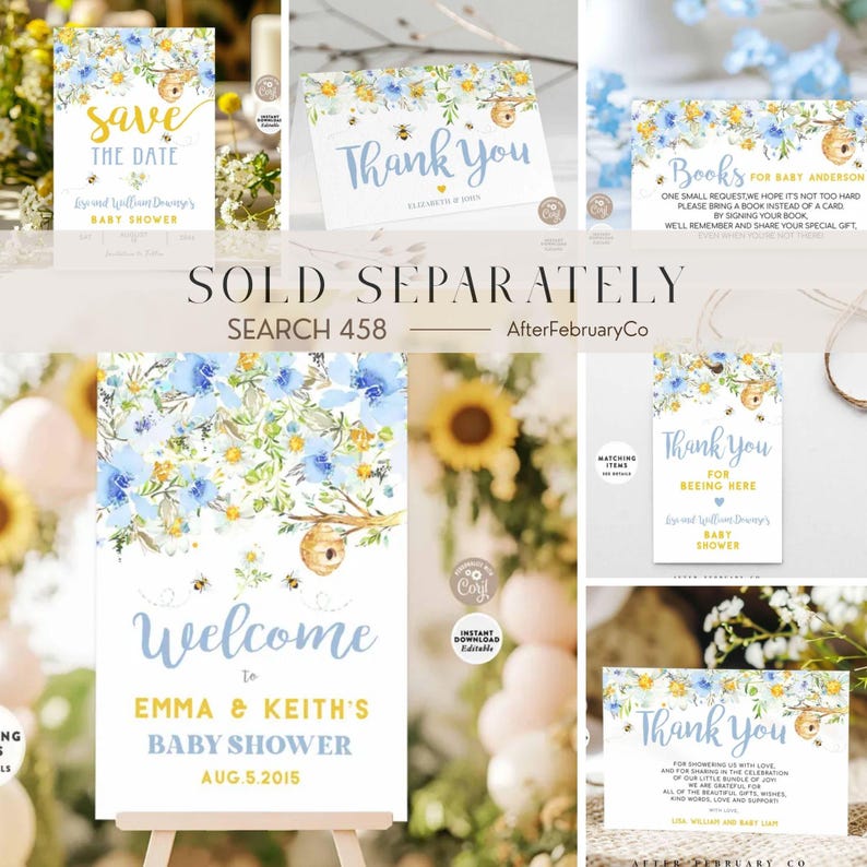 Invito per baby shower modificabile con ape, genitori di ape, giallo, camomilla, blu, floreale, coppie, Oh Boy, modello di invito, download immediato 458 (1) immagine 3