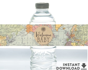 Welcome Baby Shower Water Bottle Labels Printable Travel Compass Around the World Baby Shower Decorations Boy (INSTANT DOWNLOAD) No.1269