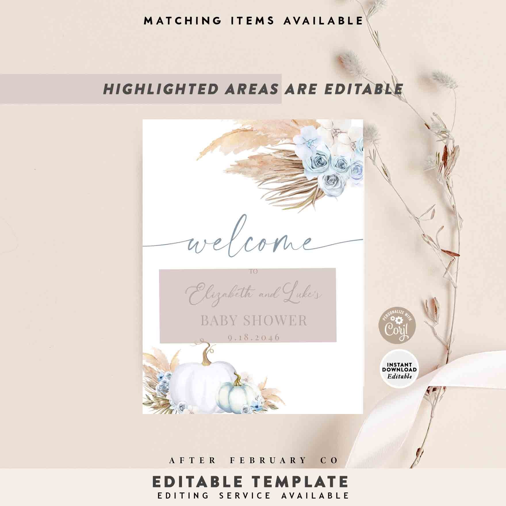EDITABLE Blue Pampas Grass Boho Fall Pumpkin Baby Shower Welcome Sign ...