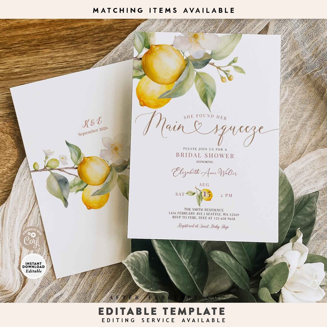 Editable She Found Her Main Squeeze Invitation Lemon Citrus Bridal ...