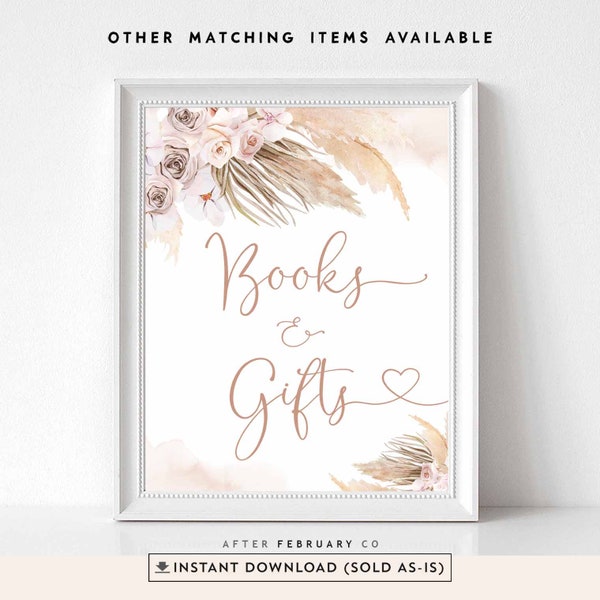 Pink Pampas Grass Boho Baby Shower Books and Gifts Sign Printable Boho Girl Shower Decor Digital Printable Instant Download 411V1