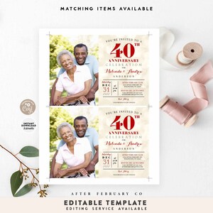 May include: A 40th anniversary invitation featuring a photograph of an older couple. The invitation is in red and white with a rustic background. The text reads "You're invited to a 40th Anniversary Celebration for Melinda & Andrew Anderson. Saturday, Dec 31, 2022. After February Club, 1234 After February Ave, Wilmington, NY 11549. RSVP by Dec 20 to Emily. Call or Text (555) 555-5555. Your presence is a gift enough."