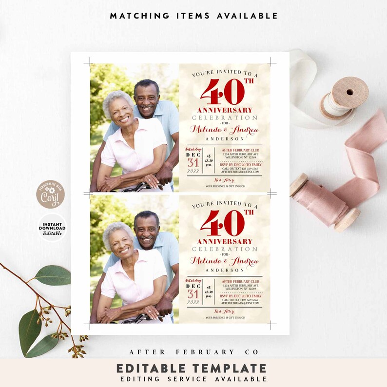 May include: A 40th anniversary invitation featuring a photograph of an older couple. The invitation is in red and white with a rustic background. The text reads "You're invited to a 40th Anniversary Celebration for Melinda & Andrew Anderson. Saturday, Dec 31, 2022. After February Club, 1234 After February Ave, Wilmington, NY 11549. RSVP by Dec 20 to Emily. Call or Text (555) 555-5555. Your presence is a gift enough."