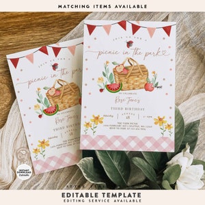 May include: Editable template for a picnic themed birthday party invitation. The invitation features a watercolor illustration of a picnic basket with fruit, a watermelon, and flowers. The text reads "Join us for a picnic in the park" and includes details for Rose Jane's third birthday party.