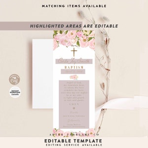 Editable Blush Pink and Gold Floral Prayer Bookmark 2.5x6.5" Baptism ...