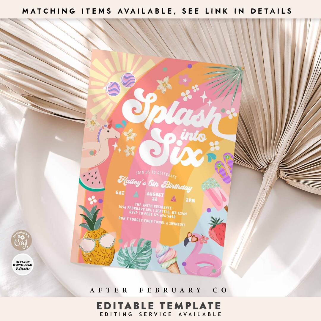Editable Splash Into SIX 6th Birthday Pool Party Invitation Girly ...