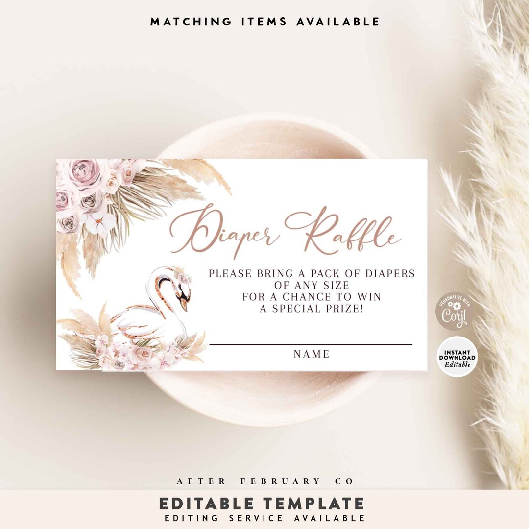 EDITABLE Pink Boho Swan Diaper Raffle Ticket Printable Pampas Grass ...