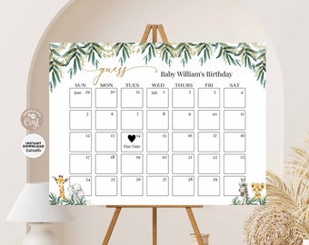 May include: A printable baby shower game calendar with a jungle theme. The calendar is decorated with green leaves, gold glitter, and animal illustrations. The game is called "Guess Baby William's Birthday".