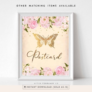 Rosa Gold Blumen Schmetterling Baby Shower Goldener Schmetterling Postkarte Zeichen Dekor Dekoration Zeichen Digital bedruckbar Sofortiger Download 216V1