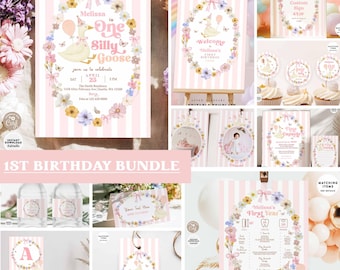Set of 11 | One Silly Goose First Birthday Party Decor Bundle: Signs, Tags, Labels (Editable Template) 718K1