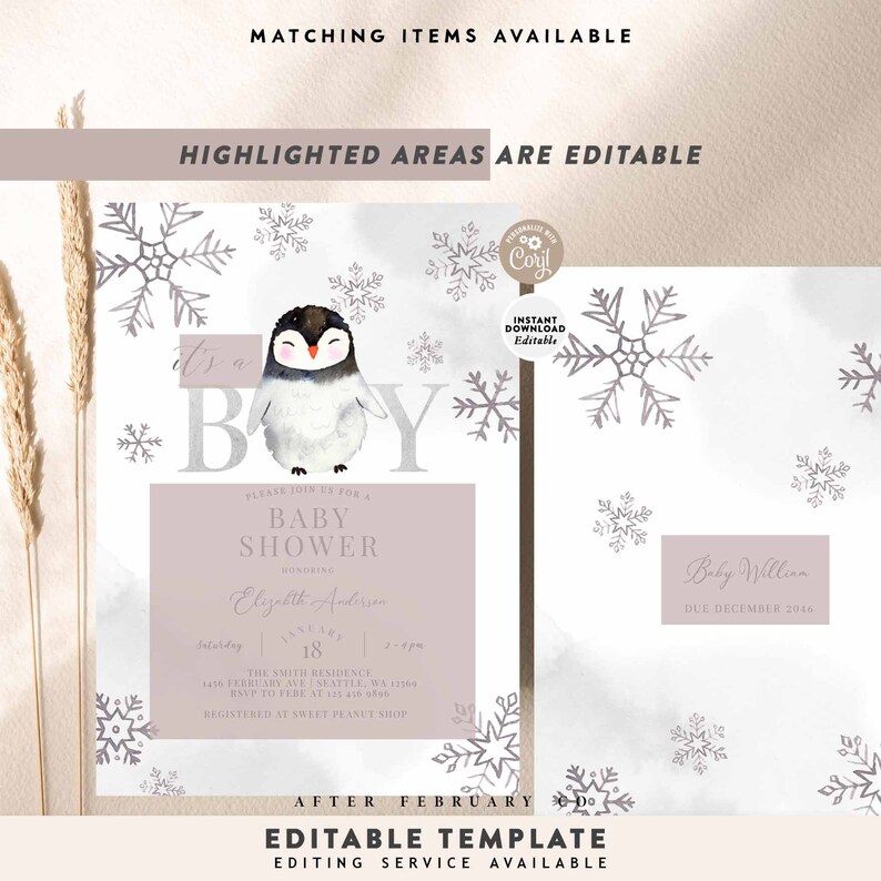 EDITABLE Penguin Snowflake Baby Shower Invitation Winter - Etsy