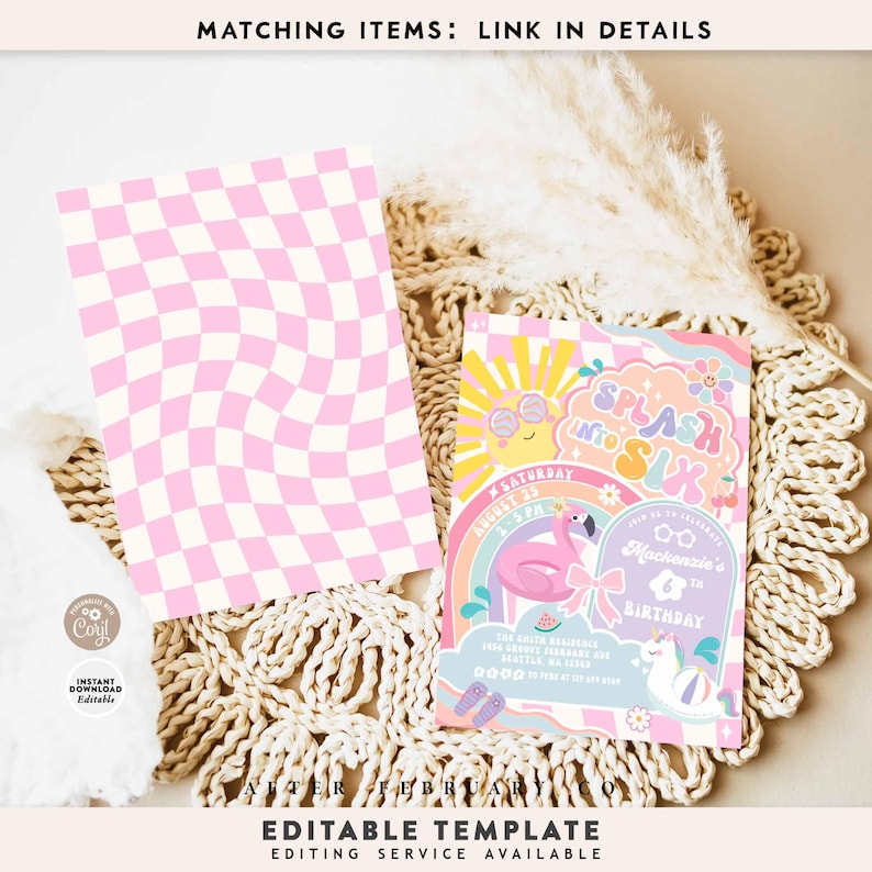 Groovy Splash into Six 6th Birthday Pool Party Invitation Girly Summer Pool Splash Pad Party Invite Digital Template