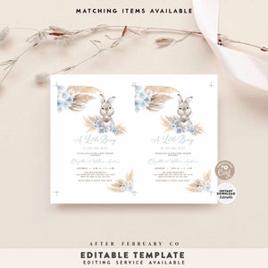 EDITABLE Blue Pampas Grass Boy Bunny Rabbit Baby Shower Invitation Boho ...