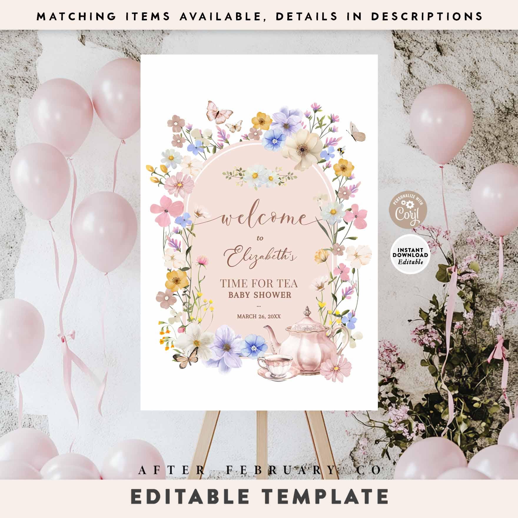EDITABLE Wildflower Baby Shower Daisy Meadow Floral Butterfly Time for Tea Brunch Welcome Sign Printable Template Instant Download 285V1