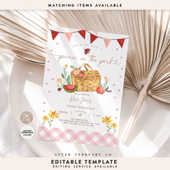 Pink Picnic Birthday Invitation: Editable Summer Park Birthday Party Invite Printable Template 109 (2)