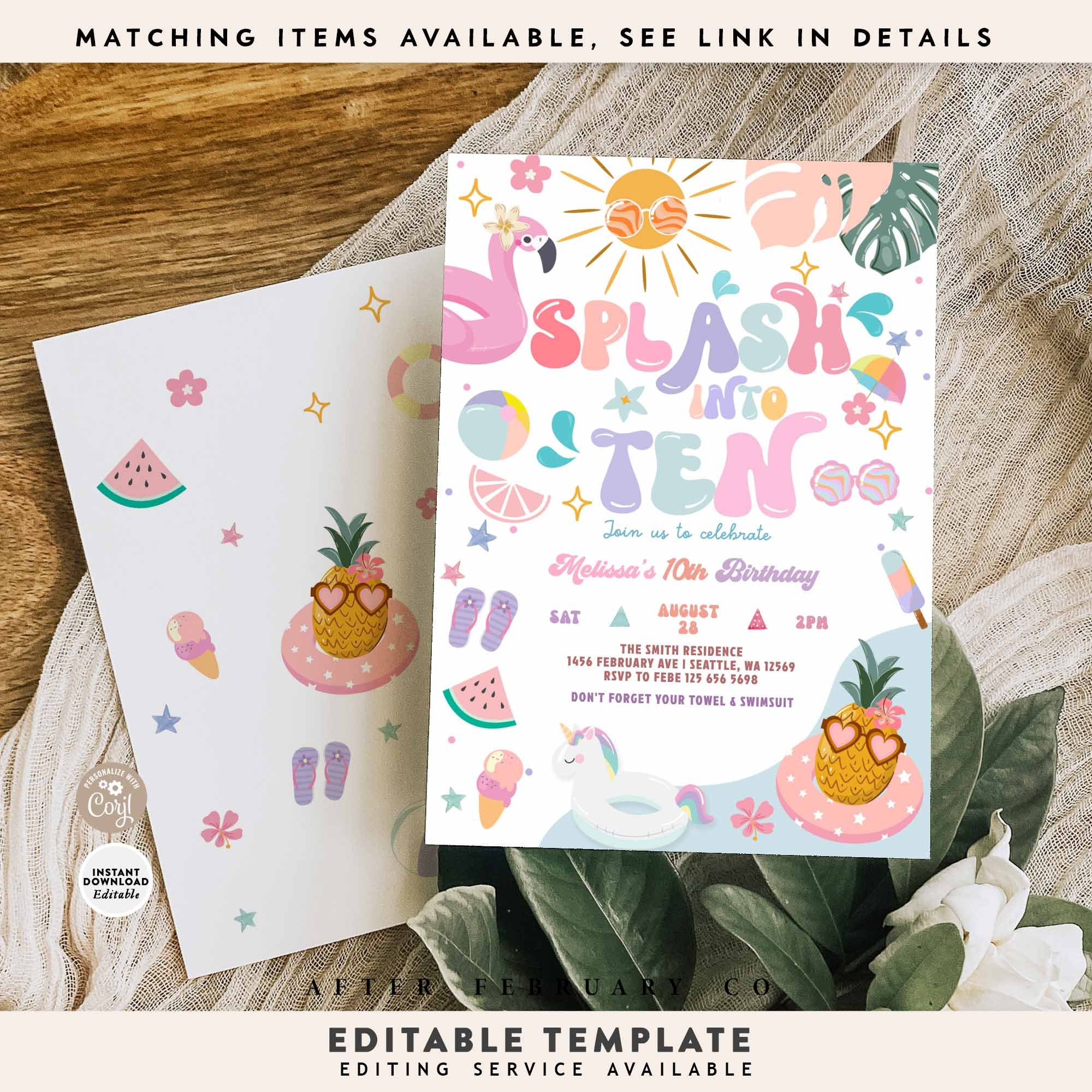 Editable Splash Into TEN 10th Birthday Pool Party Invitation Girly ...