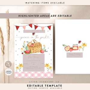 May include: A pink and white gingham patterned invitation with a watercolor illustration of a picnic basket filled with fruit and a red and white checkered tablecloth. The text reads "Join us for a picnic in the park" and "To celebrate Roze Jane's Third Birthday".