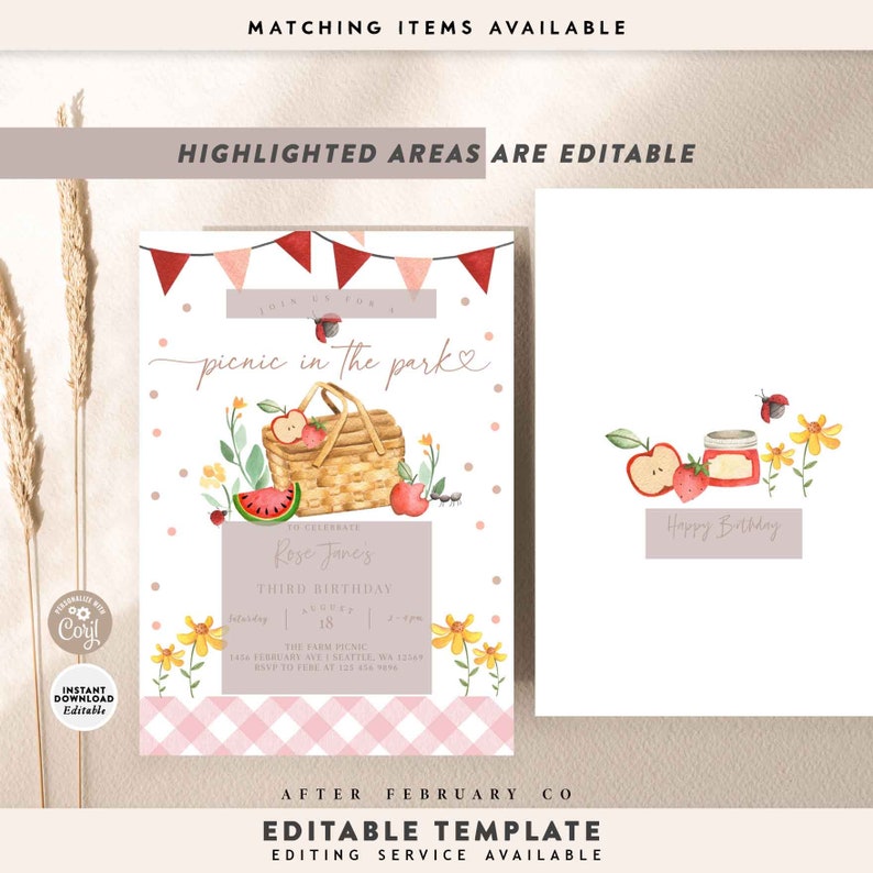 May include: A pink and white gingham patterned invitation with a watercolor illustration of a picnic basket filled with fruit and a red and white checkered tablecloth. The text reads "Join us for a picnic in the park" and "To celebrate Roze Jane's Third Birthday".