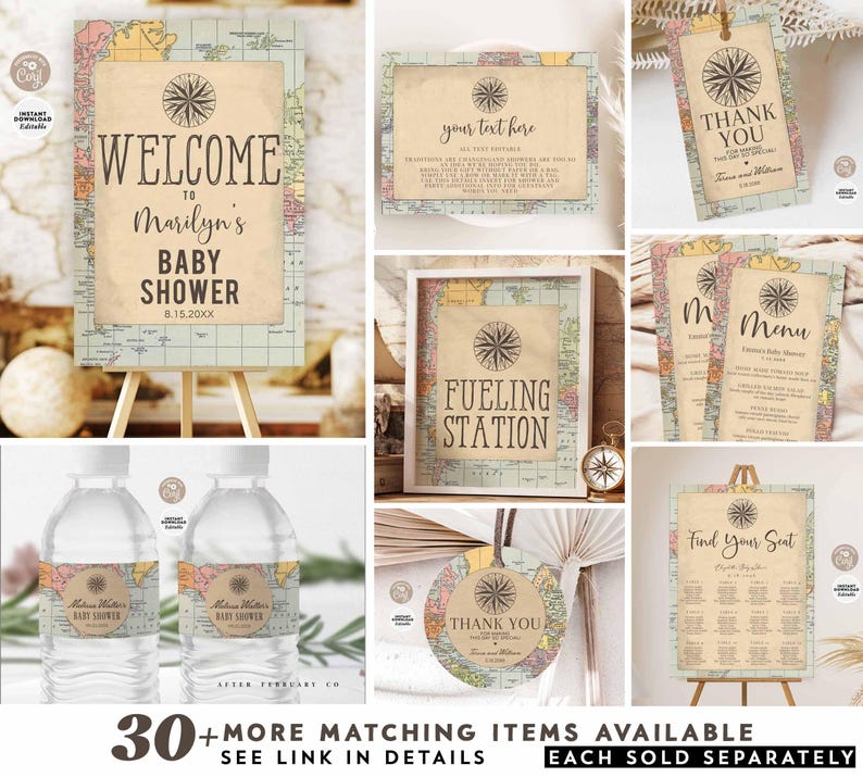 Sign the Globe Baby Shower Decor: Vintage Travel Compass Printable (Instant Download) 1269 image 2