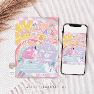 Groovy Splash into Six 6th Birthday Pool Party Invitation Girly Summer Pool Splash Pad Party Invite Digital Template