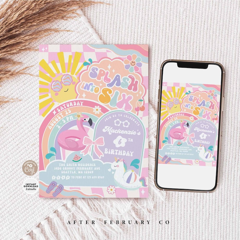 Groovy Splash into Six 6th Birthday Pool Party Invitation Girly Summer Pool Splash Pad Party Invite Digital Template