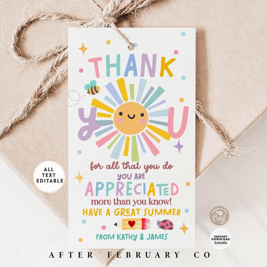 Sun Sunshine Teacher Appreciation Thank You Tag: End of School Year Sun ...
