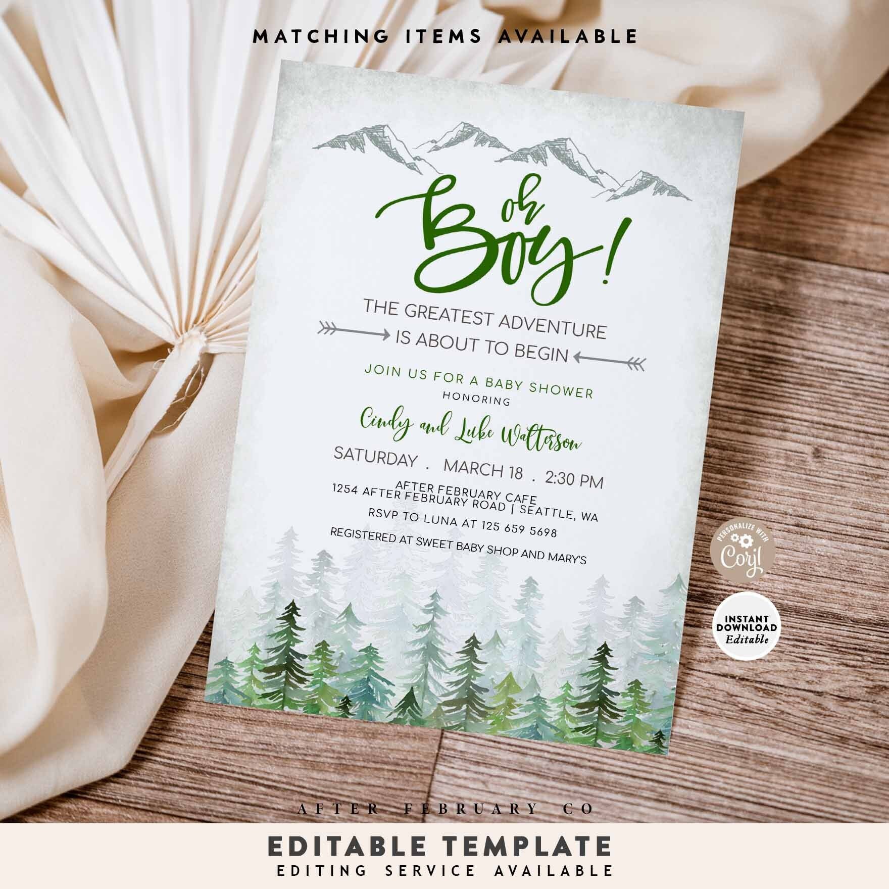 Buy EDITABLE Adventure Baby Shower Green Invitation Oh Boy
