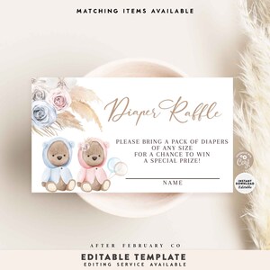 Editierbare Pampas Gras Rosa Blau Twin Boy Girl Boho Teddybär Windel Raffle Ticket Druckbare Bär Insert Vorlage Instant Download 400T2