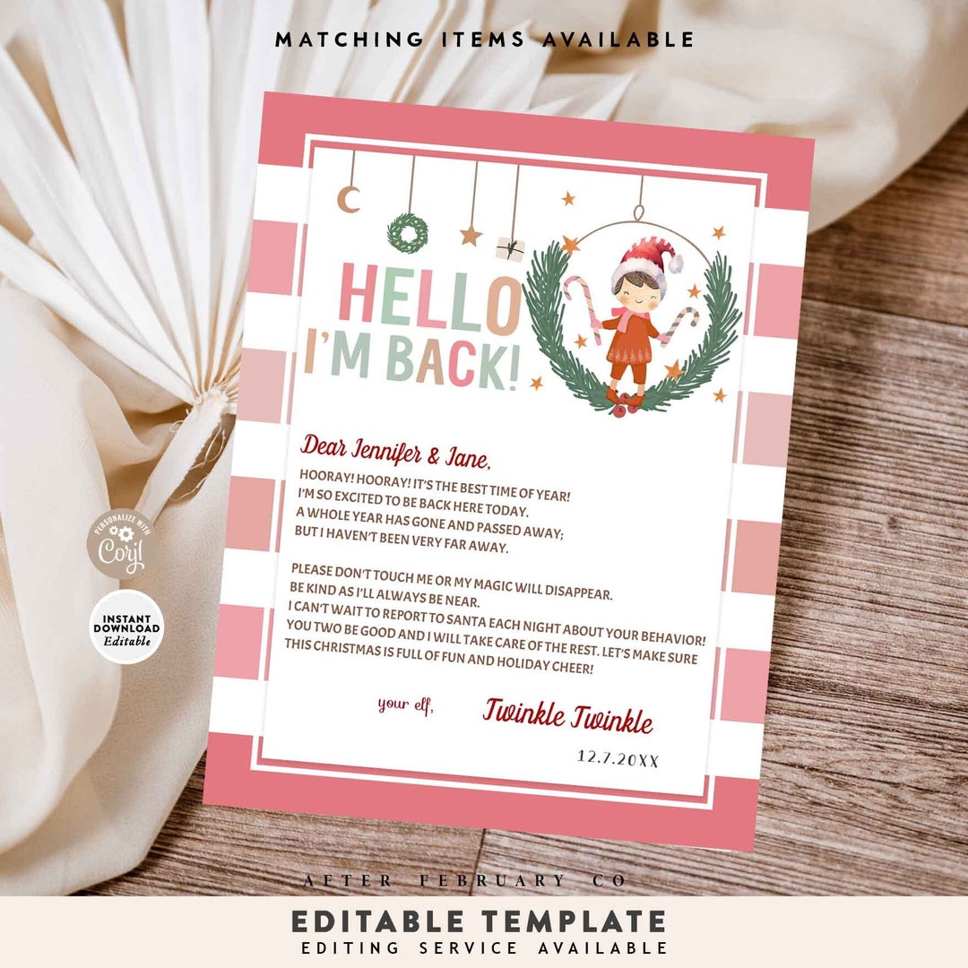 EDITABLE Girl Elf Welcome Back I'm Back Letter Modern Muted Pink Elf ...