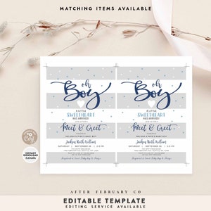 May include: A blue and gray baby shower invitation with the text "Oh Boy!" in a white heart. The invitation includes the text "A Little Sweetheart Has Arrived!" and "Meet & Greet" with the date and time of the event. The invitation is decorated with small blue and white hearts.