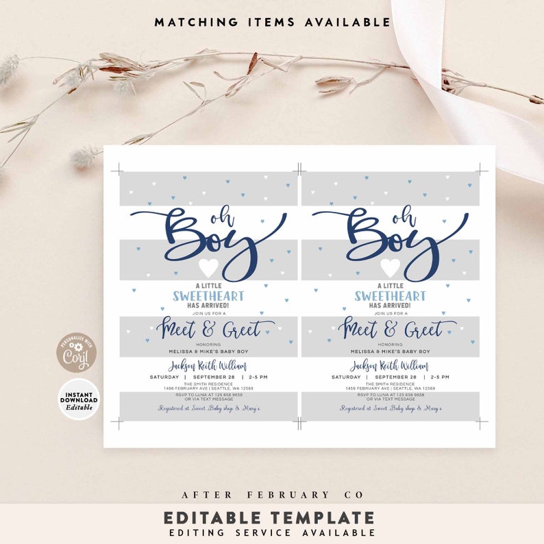 May include: A blue and gray baby shower invitation with the text "Oh Boy!" in a white heart. The invitation includes the text "A Little Sweetheart Has Arrived!" and "Meet & Greet" with the date and time of the event. The invitation is decorated with small blue and white hearts.