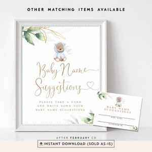 Greenery Gold Boho Teddy Bear Baby Shower Nombre del bebé Sugerencias Signo y juego de cartas Boy Boho Bear Digital Imprimible Descarga instantánea 1034V2