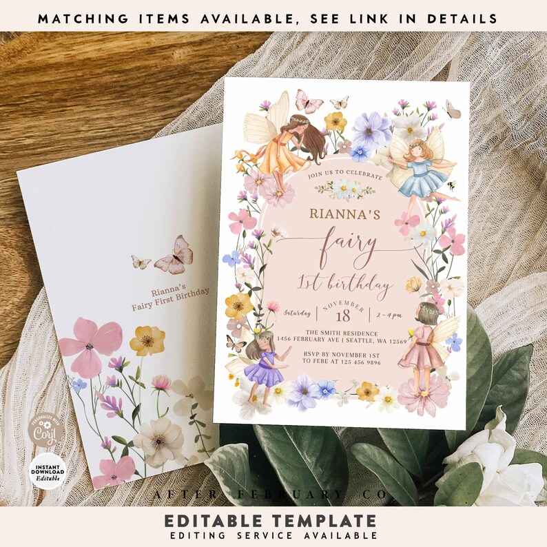 Pode incluir: Um convite imprim&iacute;vel rosa e branco com uma borda floral e um tema de fada. O convite diz "Junte-se a n&oacute;s para celebrar o 1&ordm; anivers&aacute;rio de fada da Rianna" e inclui a data, a hora e o local da festa.