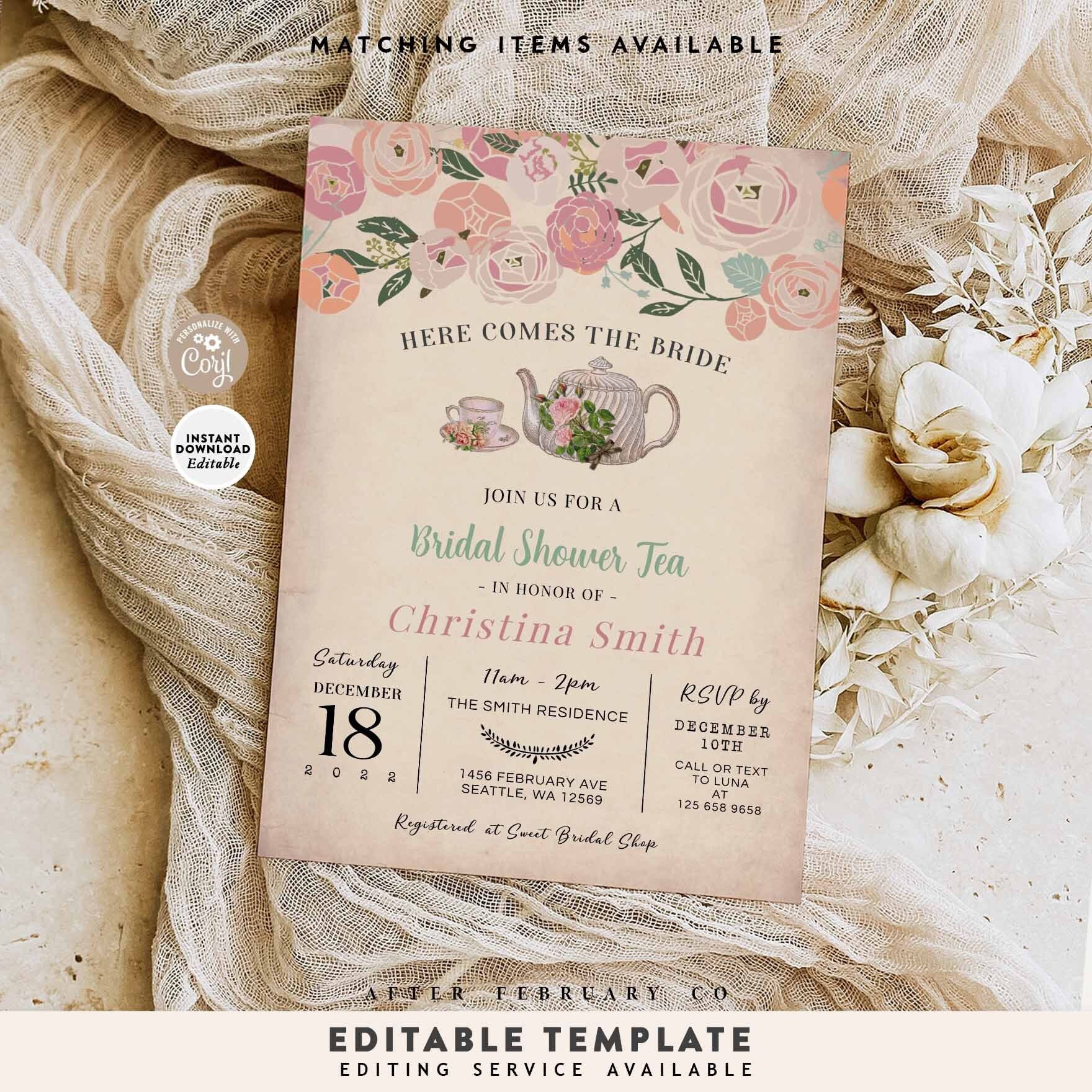 Bridal Shower Tea Party Invitation, Whimsical Bridal Invite Template 888BR1  (1) - Etsy, image size:1760x1760