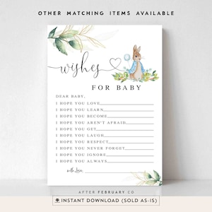 Grün Gold Peter Rabbit Baby Shower Wishes für Baby Spiel Karte Baby Shower Spiele Digital druckbare Sofort Download 1304V1