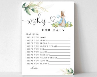 Greenery Gold Peter Rabbit Baby Shower Deseos para tarjeta de juego de bebé Juegos de baby shower Digital imprimible Descarga instantánea 1304V1