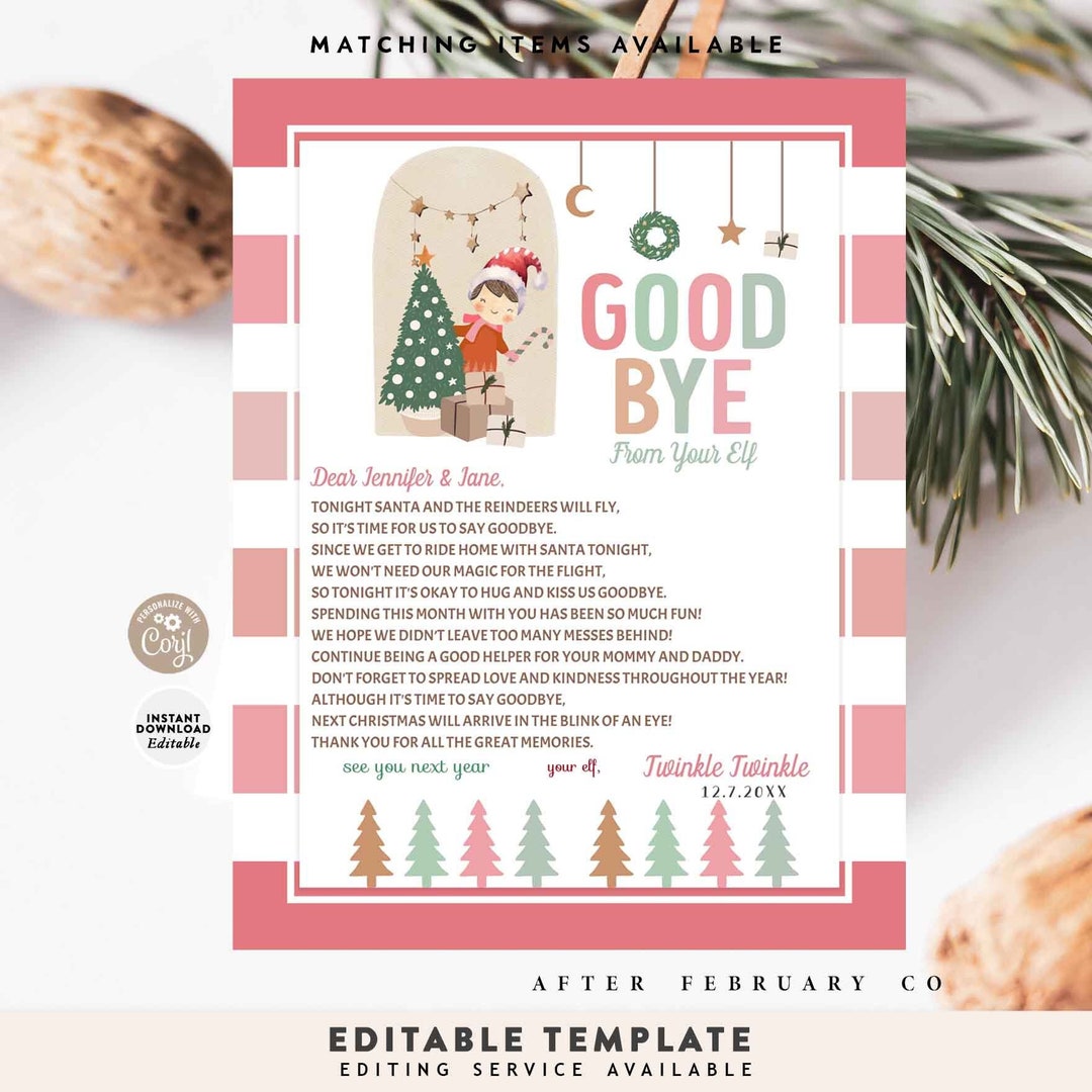 EDITABLE Girl Elf Good Bye for Now Bye Letter Modern Muted Pink Boho ...