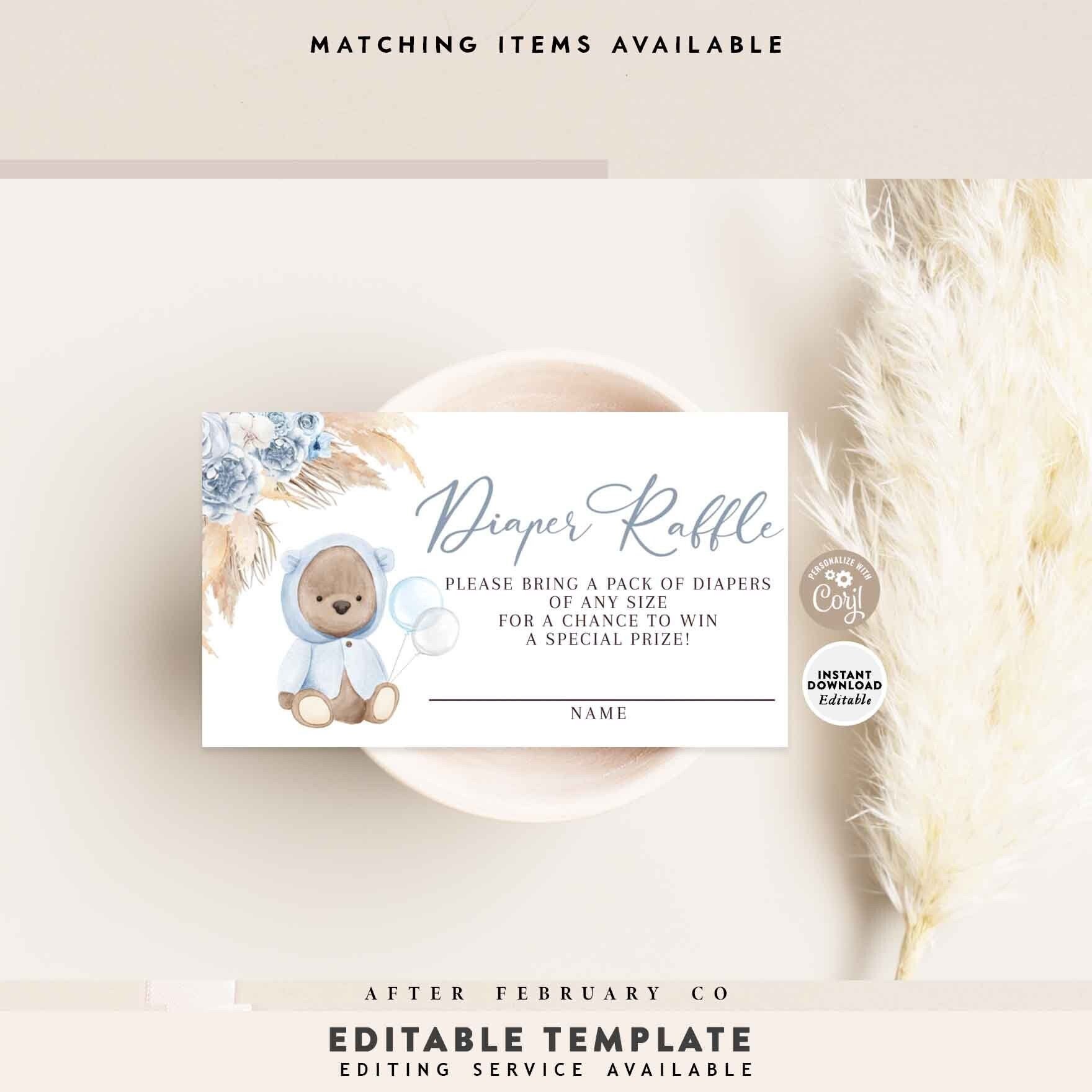 EDITABLE Boho Teddy Bear Pañal Rifa Ticket Printable Pampas Grass Bear Baby Shower Insertar Plantilla Descarga instantánea 400V1
