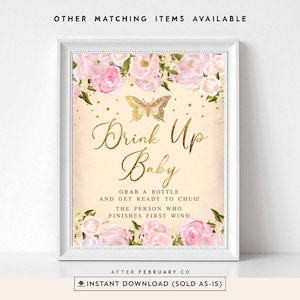 Pink Gold Floral Butterfly Baby Shower Golden Butterfly Drink Up Baby Game Sign Decor Decoration Digital Printable Instant Download 216V1