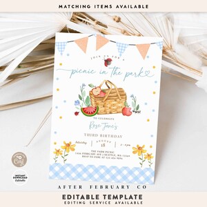 Peut inclure: Un fond &agrave; carreaux bleu clair et blanc avec une invitation sur le th&egrave;me du pique-nique. L'invitation pr&eacute;sente une illustration aquarelle d'un panier de pique-nique avec des fruits, une coccinelle et des fleurs. Le texte indique "Rejoignez-nous pour un pique-nique dans le parc" et "Pour c&eacute;l&eacute;brer le troisi&egrave;me anniversaire de Rose Jane". La date et l'heure de l'&eacute;v&eacute;nement sont indiqu&eacute;es comme suit : "Samedi 18 ao&ucirc;t, 14h00-16h00". Le lieu est "The Farm Picnic, 1456 February Ave, Seattle, WA 12569". Les informations de RSVP sont "RSVP &agrave; Febe au 125 456 9896".