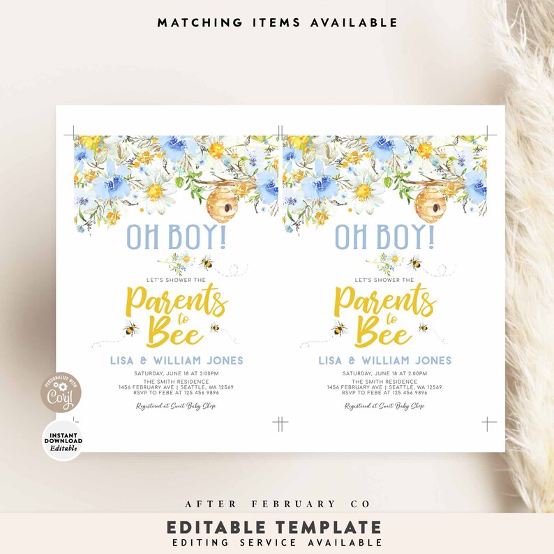 Pu&ograve; includere: Un invito a una festa di benvenuto per un bambino con uno schema di colori blu e giallo. L'invito presenta un alveare, api e fiori. Il testo sull'invito recita: "Oh Boy! Let's shower the Parents to Bee Lisa & William Jones Sabato 18 giugno alle 14:00 The Smith Residence 1456 February Ave | Seattle, WA 12549 RSVP a Febe al 123 456 9896 Registrato presso Sweet Baby Shop"