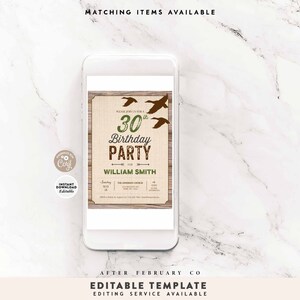 K&ouml;nnte beinhalten: Eine rustikale Einladung zu einer 30. Geburtstagsfeier mit Holzmaserung im Hintergrund und gr&uuml;nen und braunen Akzenten. Die Einladung zeigt eine stilisierte Zahl 30 mit dem Text "Birthday Party" und dem Namen "William Smith".