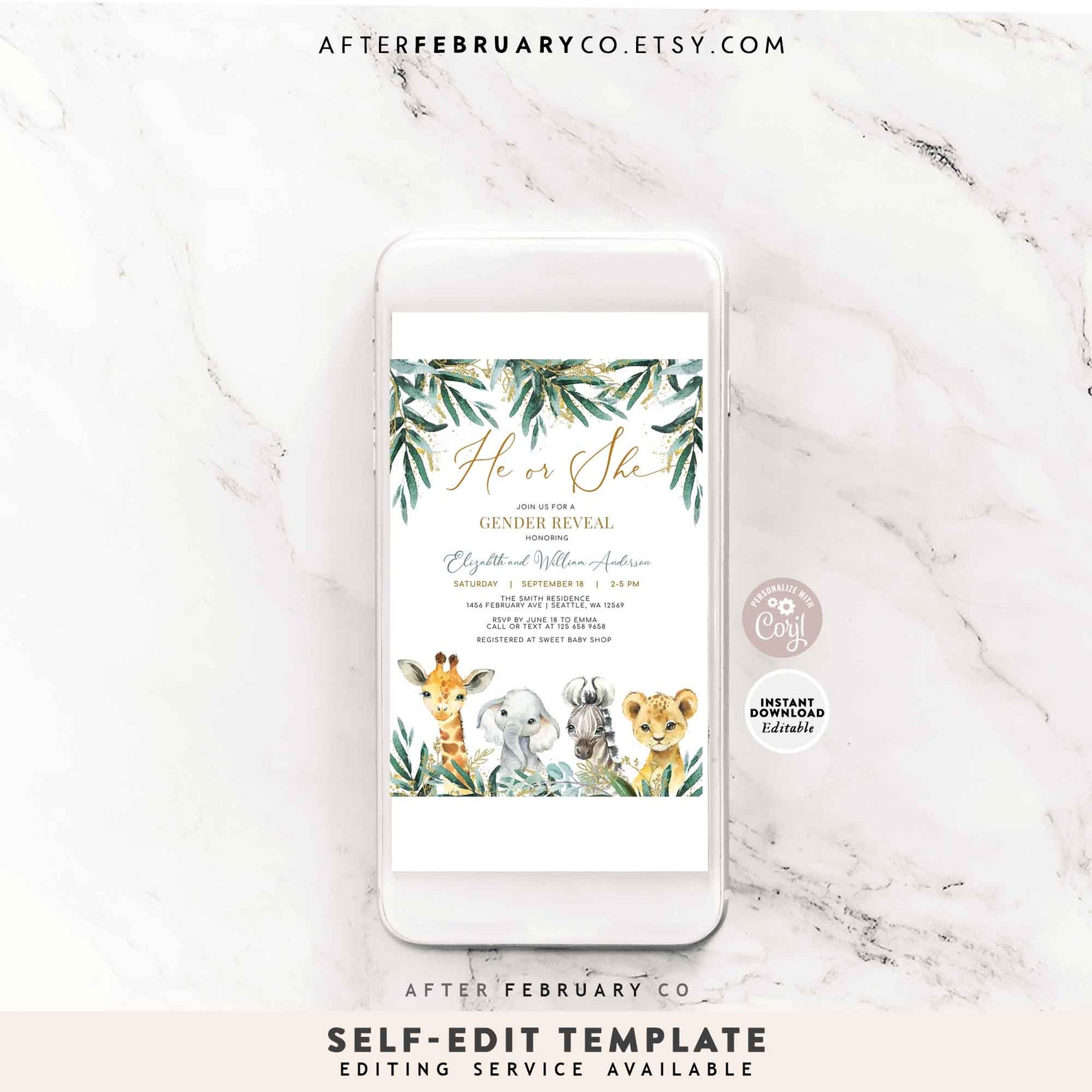 EDITABLE Safari Gender Reveal Party Invitation Gender Neutral Etsy