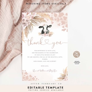 Tarjeta de agradecimiento editable con diseño plano, estilo bohemio, color rosa, hierba de la pampa, vaca rosa, plantilla imprimible para baby shower, descarga instantánea, 944 K3