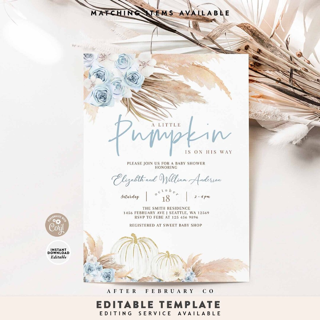 EDITABLE Blue Pampas Grass Boy White Pumpkin Baby Shower Invitation ...