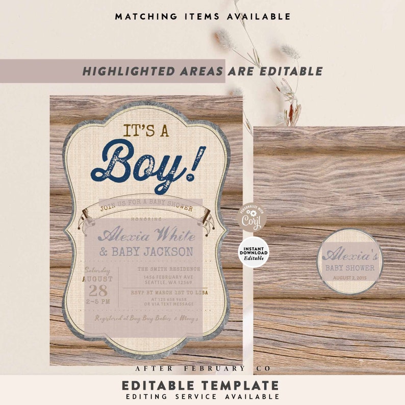 EDITABLE Boy Rustic Baby Shower It's A Boy Wood Forest Cottage Vintage Rustic Boy Baby Shower Invite Template Instant Download 709V1 image 2