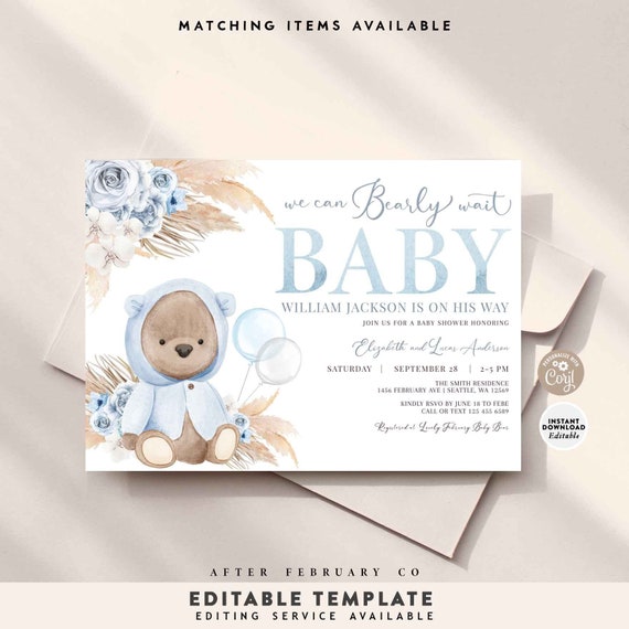 Bearly Wait Baby Shower Invite Template Blue Bear Baby Shower 