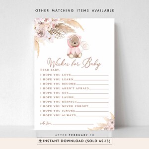 Pampas Grass Pink Boho Teddy Bear Wensen voor Baby Game Card Baby Shower Games Pink Girl Bear Game Digitale afdrukbare Instant Download 400V2